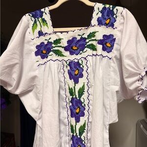 White and Purple Floral Women Huipil